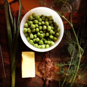 Peas and fixings for Anchovy Butter, ready to go. 