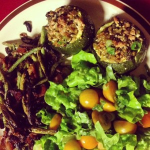 This is one of those "why I farm" kinda plates. Stuffed squash, seared beans with bacon, fresh greens and cherry tomatoes with spring onions.