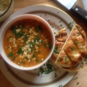 Heirloom tomato soup with Grilled Herb Flatbread.