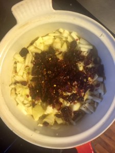 Apples, cranberries, onion and garlic simmering away. 