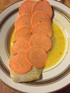 Sweet potato lined fish. Ready to saute.